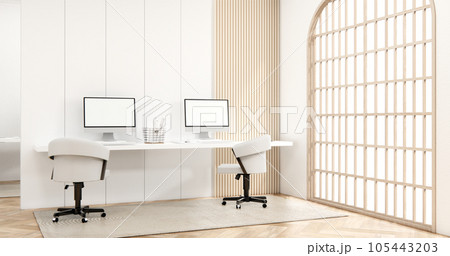 The interior Computer and office tools on desk room muji style interior design. 105443203