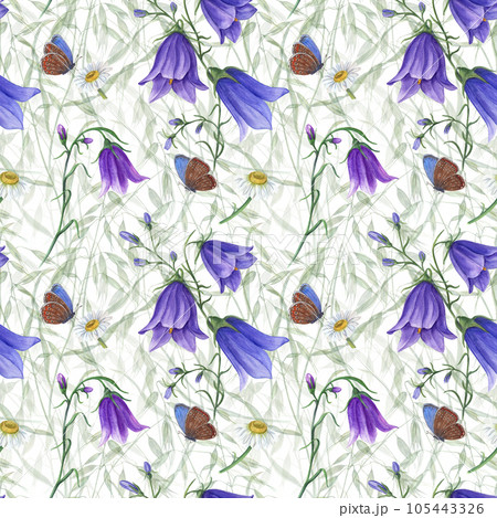 Blooming harebells, wild oats, flying blue butterflies. Floral seamless pattern isolated on white background. Watercolor illustration for poster, scrapbooking, invitations, prints, textile, wrapping. Blooming harebells, wild oats, flying blue butterflies. Floral seamless pattern isolated on white background. Watercolor illustration for poster, scrapbooking, invitations, prints, textile, wrapping. 105443326