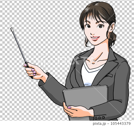 一位穿著西裝的年輕女子，微笑著用指點桿進行指導和解釋_格雷 105443379