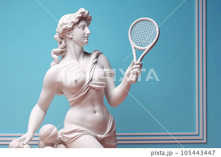 Marble statue of an ancient Greek goddess doing sports on pastel background. Tennis player sculpture. Beauty standards, ideal body, sports activity, fitness, sports advertising concept. AI generated 105443447