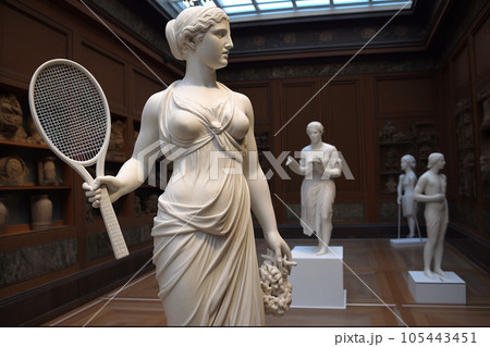Marble statue of an ancient Greek goddess doing sports on pastel background. Tennis player sculpture. Beauty standards, ideal body, sports activity, fitness, sports advertising concept. AI generated 105443451
