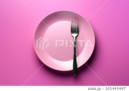 Empty plate with fork on pink background. Served cutlery, minimal table setting. Menu mockup, space for text, diet concept. AI generated 105443497