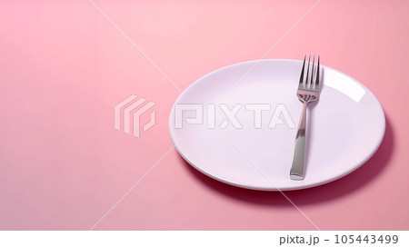 Empty plate with fork on pink background. Served cutlery, minimal table setting. Menu mockup, space for text, diet concept. AI generated 105443499