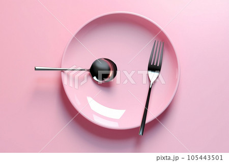 Empty plate with fork and spoon on pink background. Served cutlery, minimal table setting. Menu mockup, space for text, diet concept. AI generated 105443501