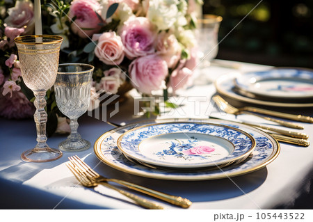 Flower table decorations for wedding dinner. Wedding table set for holiday, event, party, wedding reception in outdoor restaurant. Pink and blue with gold wedding table setting. AI generated 105443522