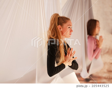 workshop of air yoga and stretching in yoga studio 105443525