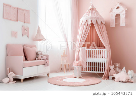 Pink colored baby nursery with cradle and play...のイラスト素材 [105443573 ...