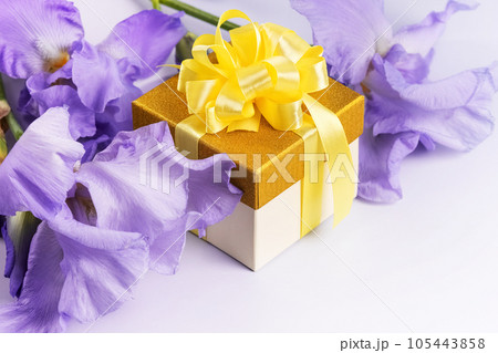 Greeting card for mother's day, Valentine's Day, birthday. Yellow gift box with a satin ribbon bow and purple iris flowers. 105443858