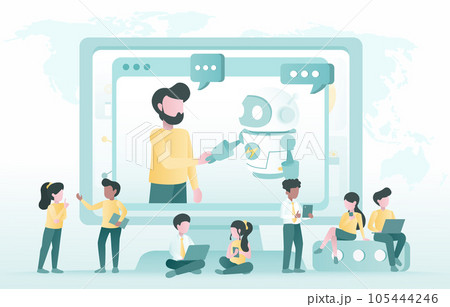 Artificial Intelligence (AI) technology concept. Collaboration between human and AI robot, contract, development and improvement innovation for business success. Flat vector design illustration. 105444246