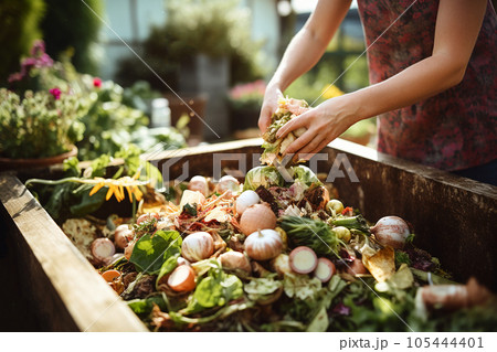 Woman composting food waste. Outdoor compost bin for reducing kitchen waste. Organic waste in garden composter, eco-friendly gardening, sustainability. Environmentally responsible, ecology 105444401