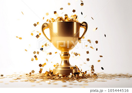 Gold Winners Trophy Champion Cup With Falling Confetti Stock Photo