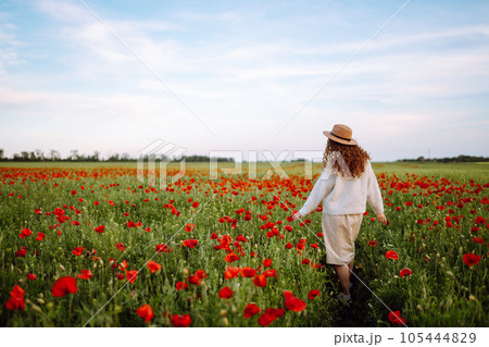 Back view. Young curly woman in hat posing in the poppy field. Summer landscape. 105444829