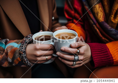 Two LGBT women holding coffee and holding hands. Two LGBT women holding coffee and holding hands. 105444941