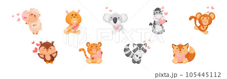 Cute Happy Animals Holding Hearts and Smiling Vector Set 105445112