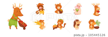Adorable Animals and Seasonal Harvesting or Ripe Crop Vector Set 105445126