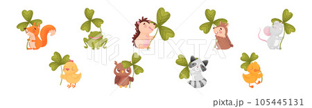 Cute Baby Animals with Three Leaf Clover Vector Set 105445131