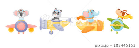 Cute Baby Animals Pilot Flying Plane Vector Set Cute Baby Animals Pilot Flying Plane Vector Set 105445153