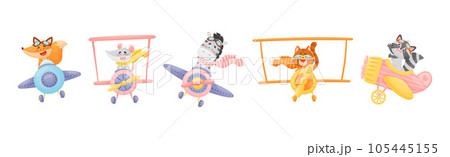 Cute Baby Animals Pilot Flying Plane Vector Set 105445155