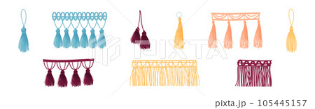 Tassel for Fabric and Clothing Decoration with Braided Cord and Yarn Skirt Vector Set Tassel for Fabric and Clothing Decoration with Braided Cord and Yarn Skirt Vector Set 105445157