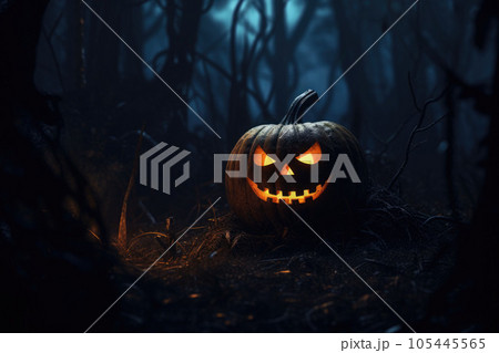 Halloween pumpkin in a mystic forest at night....のイラスト素材 [105445565 ...