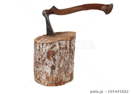 antique axe with wooden handle in wood log on white background antique axe with wooden handle in wood log on white background 105445882
