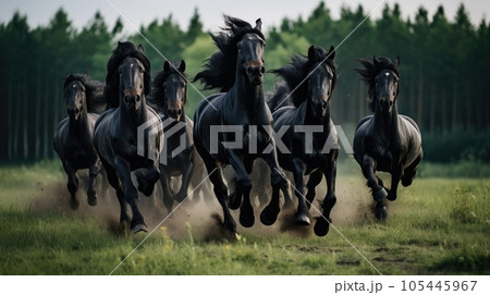 Herd of Friesian black horses galloping in the grass 105445967