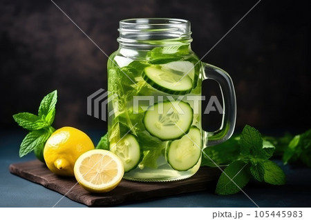 Cold drink with cucumber and lime. Infused cucumber drink with mint. Detox water. Cold drink with cucumber and lime. Infused cucumber drink with mint. Detox water. 105445983