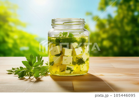 Cubes of cheese in olive oil with spices, in a glass jar. 105446095