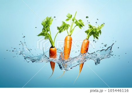 Young carrot with water splash on a blue background. 105446116