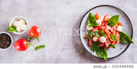 Delicious caprese salad with ripe tomatoes, mozzarella cheese and basil on a plate top view web banner Delicious caprese salad with ripe tomatoes, mozzarella cheese and basil on a plate top view web banner 105446406