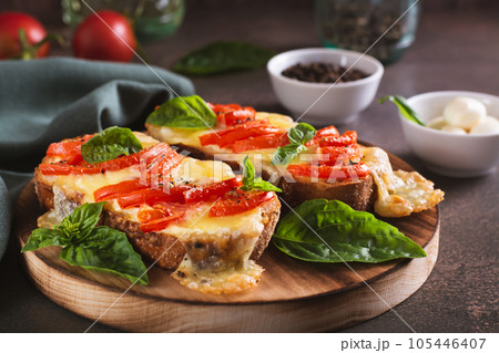 Baked sandwiches with caprese salad from tomatoes and cheese on the board Baked sandwiches with caprese salad from tomatoes and cheese on the board 105446407
