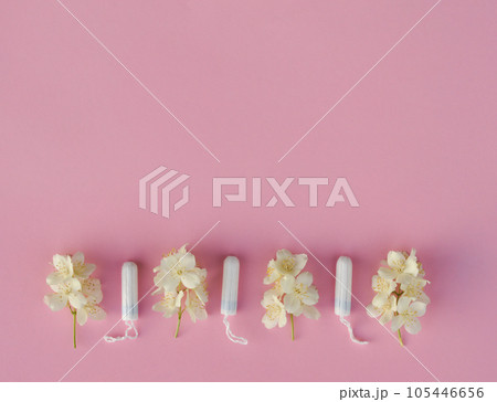 Women's and gynecological health care. Menstrual cycle. Hygiene care during critical days. Tampon woman Clean and safe Menstruation, means of protection. 105446656