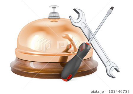 Reception bell with screwdriver and wrench, 3D rendering 105446752
