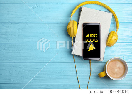 Books, coffee and mobile phone on blue wooden table, flat lay. Space for text Books, coffee and mobile phone on blue wooden table, flat lay. Space for text 105446816