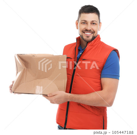 Courier with damaged cardboard box on white background. Poor quality delivery service Courier with damaged cardboard box on white background. Poor quality delivery service 105447188