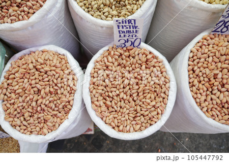top view of pistachios nuts selling at shopping bazar  105447792