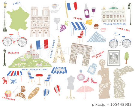 フランス、パリの線画イラスト:手描き、アート、凱旋門、エッフェル塔、ファッション、クロワッサン 105448982