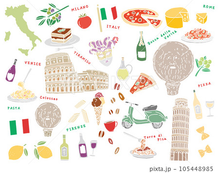 イタリア、ローマの線画イラスト:手描き、ピサの斜塔、コロッセオ、ピザ、パスタ、チーズ、ゴンドラ 105448985