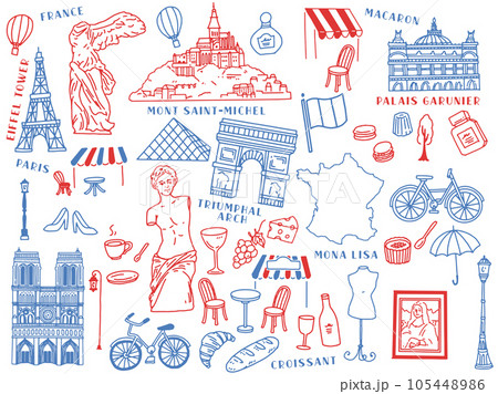 フランス、パリの線画イラスト:手描き、アート、凱旋門、エッフェル塔、ファッション、クロワッサン 105448986