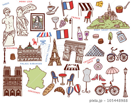 フランス、パリの線画イラスト:手描き、アート、凱旋門、エッフェル塔、ファッション、クロワッサン 105448988