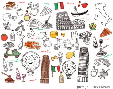 イタリア、ローマの線画イラスト:手描き、ピサの斜塔、コロッセオ、ピザ、パスタ、チーズ、ゴンドラ イタリア、ローマの線画イラスト:手描き、ピサの斜塔、コロッセオ、ピザ、パスタ、チーズ、ゴンドラ 105448989