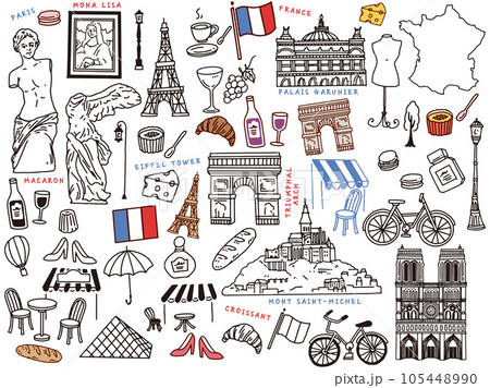 フランス、パリの線画イラスト:手描き、アート、凱旋門、エッフェル塔、ファッション、クロワッサン 105448990