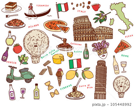 イタリア、ローマの線画イラスト:手描き、ピサの斜塔、コロッセオ、ピザ、パスタ、チーズ、ゴンドラ 105448992