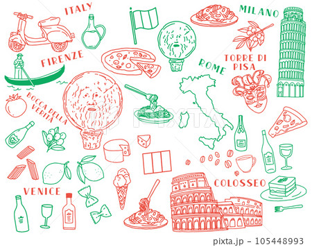イタリア、ローマの線画イラスト:手描き、ピサの斜塔、コロッセオ、ピザ、パスタ、チーズ、ゴンドラ 105448993
