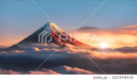 AI生成画像、輝く朝日と冠雪の赤富士 105449016
