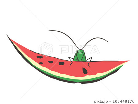 Grasshopper on a watermelon slice. After a painting in the Japanese illustrated book Choju ryakugashiki, published 1868, in the Meiji period. Colored illustration, isolated on white background. Vector 105449176