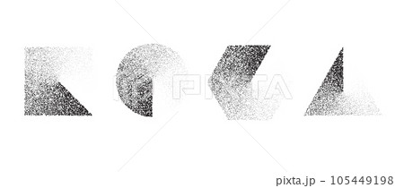 Set of stippled gradient shapes. Black dotted square, circle, hexagon and triangle collection. Textured noise grain dot work elements. Half tones and shadows gritty effect bundle. Vector 105449198