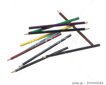 Pencil in various color fly floating in mid air. Many group new long colour pencils fall as education school stationary. Abstract pencil explode unbox. White background isolated high speed shutter 105449264