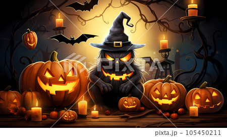 ハロウィンのおめかしをした黒猫を中心としたイラスト、AI生成画像 ハロウィンのおめかしをした黒猫を中心としたイラスト、AI生成画像 105450211