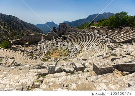 Picturesque landscape with a view of the amphitheater in the city of Termessos 105450478